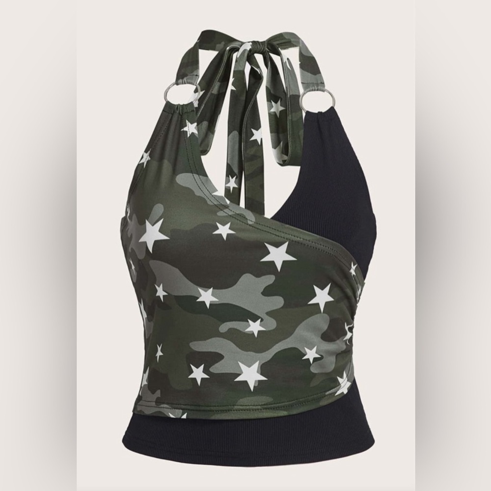 Alternative-Style Black & Green Camo Star Design Tube Top
